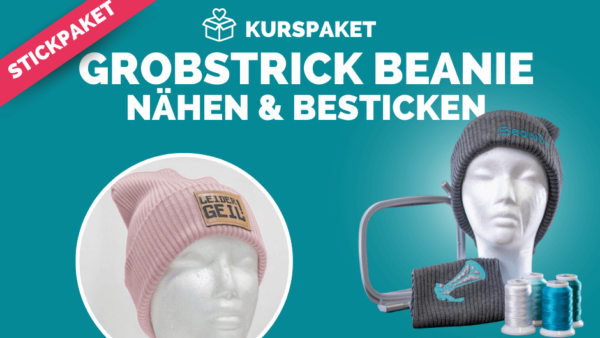 Grobstrick Beanie Naehen Besticken mit banner kompr