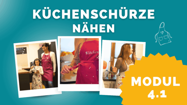 Frau und Kind tragen selbstgenähte Schürzen in der Küche – Courleys Nähkurs