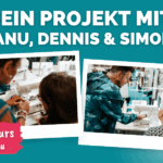 Manu und Dennis erklären Teilnehmern eine Nähmaschine im Präsenzkurs in Trittau – Courleys Nähkurs mit dem Team Manu, Dennis und Simone