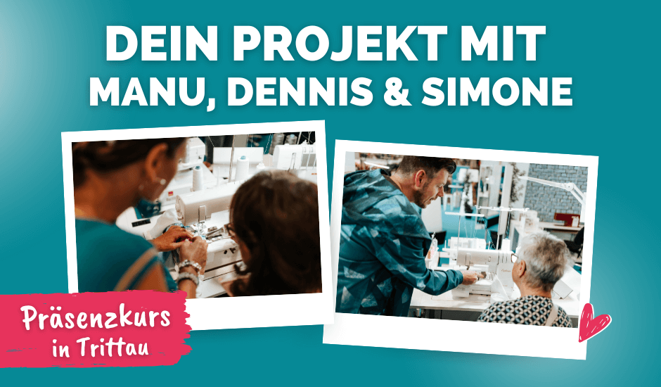 Manu und Dennis erklären Teilnehmern eine Nähmaschine im Präsenzkurs in Trittau – Courleys Nähkurs mit dem Team Manu, Dennis und Simone