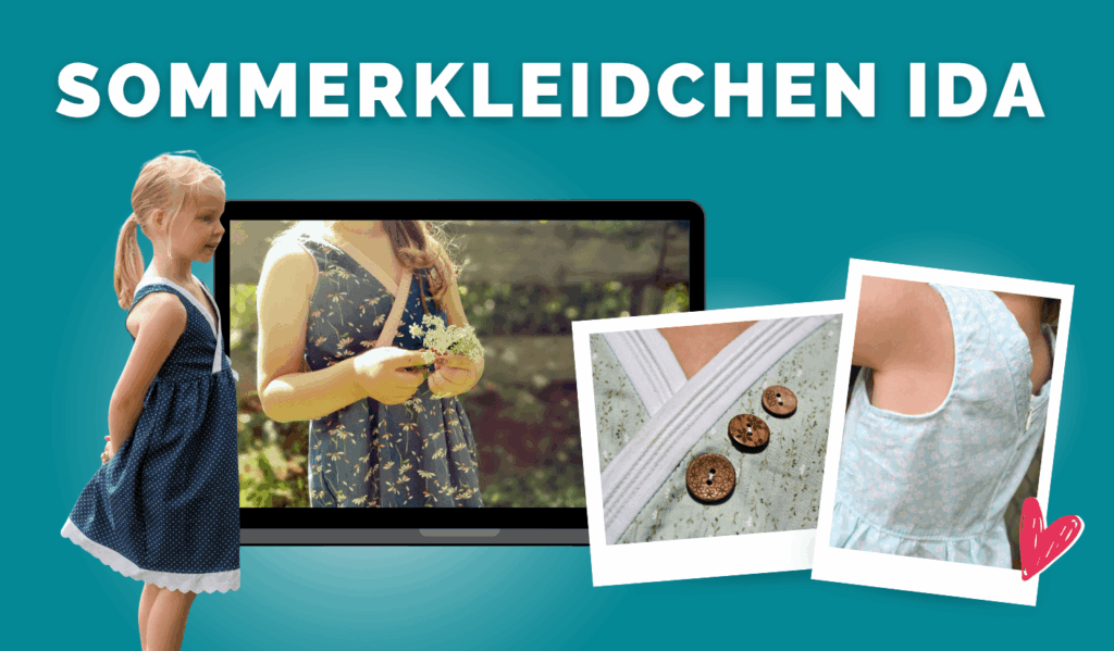 Artikelbild zum Nähkurs „Sommerkleidchen Ida“ mit verschiedenen Kinderkleidern und Detailaufnahmen von Ausschnitt und Knopfverschluss