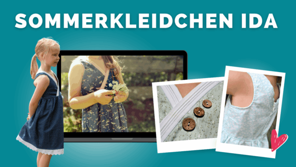 Artikelbild zum Nähkurs „Sommerkleidchen Ida“ mit verschiedenen Kinderkleidern und Detailaufnahmen von Ausschnitt und Knopfverschluss