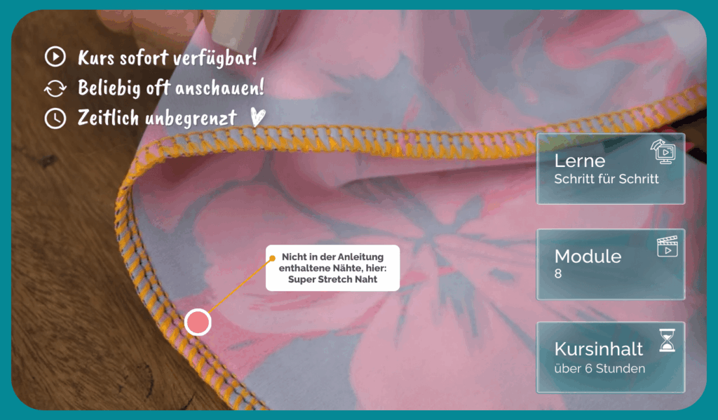 Grafik zum Baby Lock Fortgeschrittenenkurs mit dekorativer Super-Stretch-Naht auf floralem Stoff und Übersicht zu Modulen und Kursinhalt