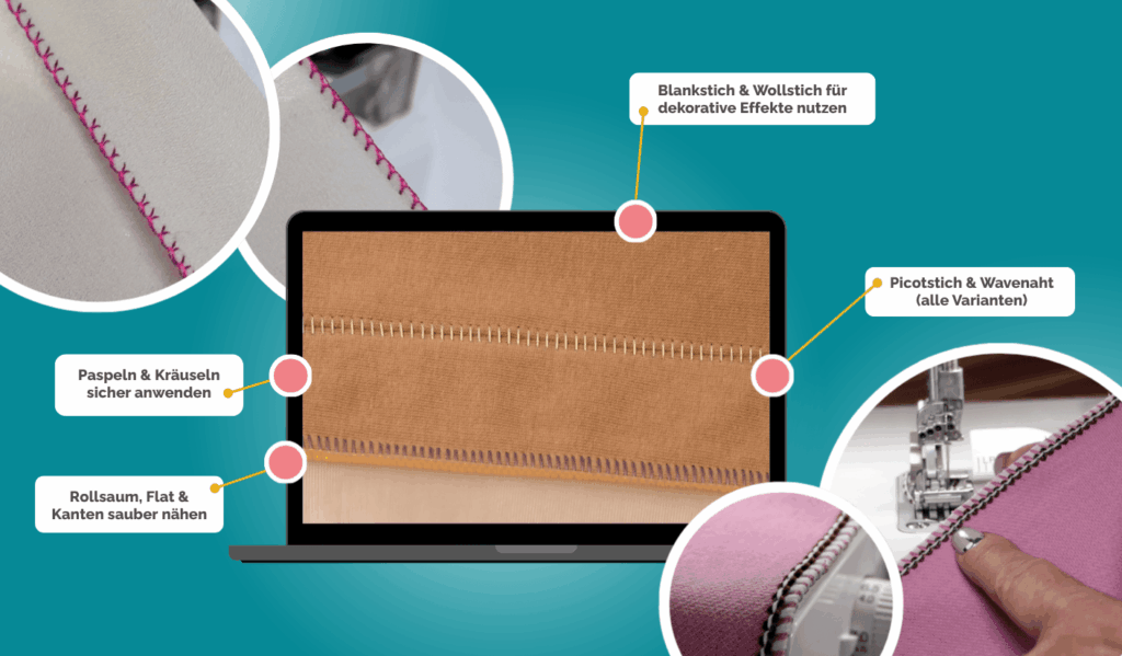 Grafik zum Baby Lock Fortgeschrittenenkurs mit verschiedenen dekorativen Nähten und Übersicht der Nähtechniken auf Laptop-Darstellung
