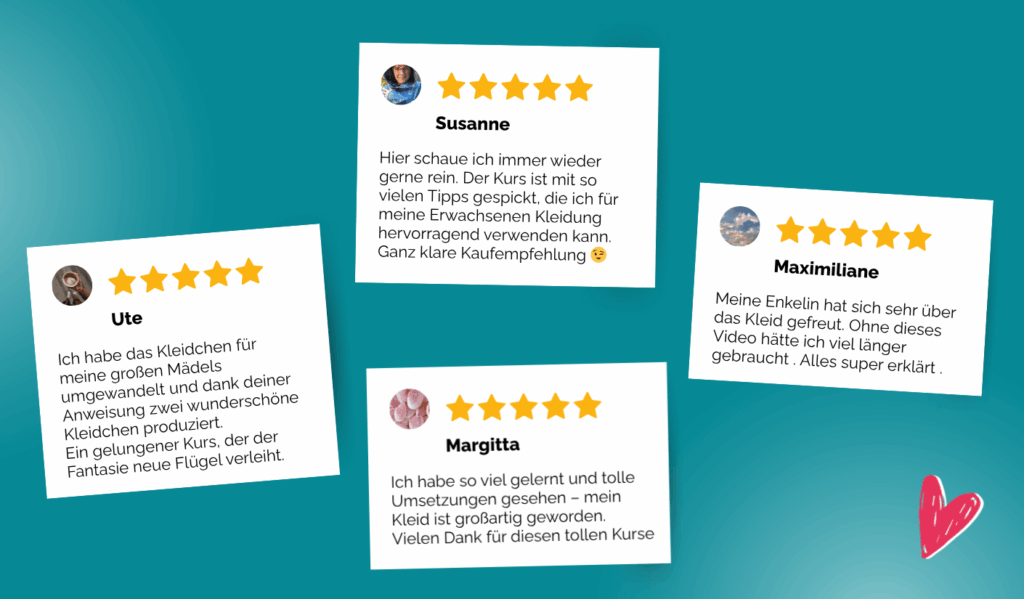 Kundenbewertungen und Erfahrungsberichte von Kursteilnehmerinnen zum Nähkurs Sommerkleidchen Ida mit positiven Rückmeldungen zu Anleitung und Ergebnissen