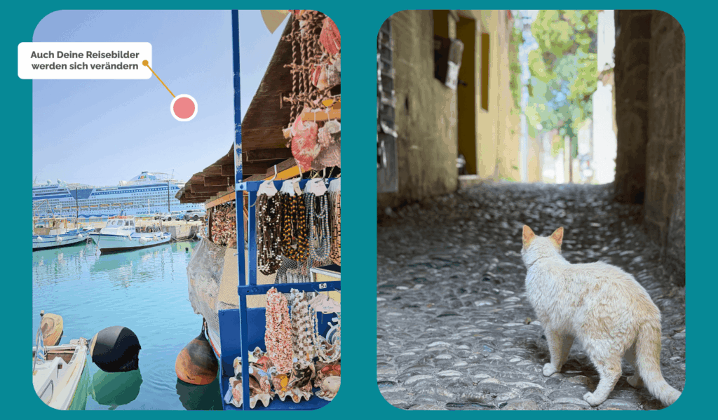 Zwei Beispielbilder aus einem Fotografie-Kurs: Links ein Hafen mit Marktständen und Kreuzfahrtschiff im Hintergrund, rechts eine Katze in einer gepflasterten Gasse. Die Grafik zeigt, wie bewusste Bildgestaltung und Perspektive Reisefotos und Alltagsaufnahmen verbessern können.