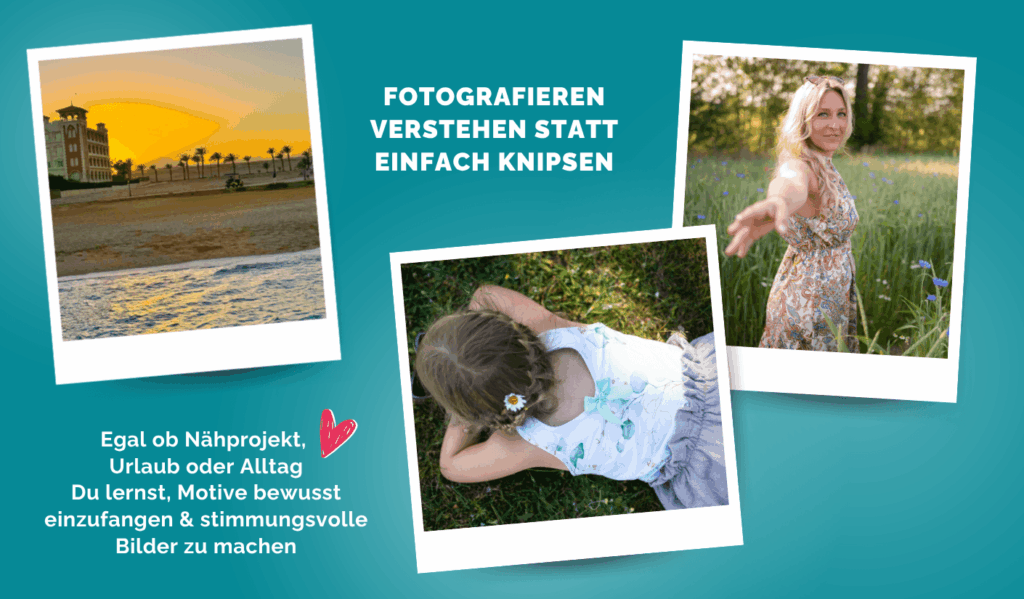 Collage aus drei Beispielaufnahmen eines Fotografie-Kurses mit Sonnenuntergang, Portraitfotografie und kreativer Perspektive. Der Kurs vermittelt Grundlagen für bewusstes Fotografieren statt einfachem Knipsen.