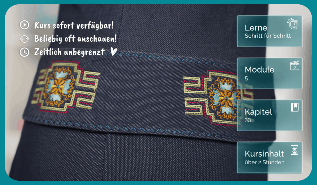 Detailaufnahme eines dunkelblauen Kleidungsstücks mit dekorativen Stickmotiven und Zierstichen. Die Grafik zeigt einen Onlinekurs zum Nähen und Sticken mit 5 Modulen, 33 Kapiteln und über 2 Stunden Kursinhalt.