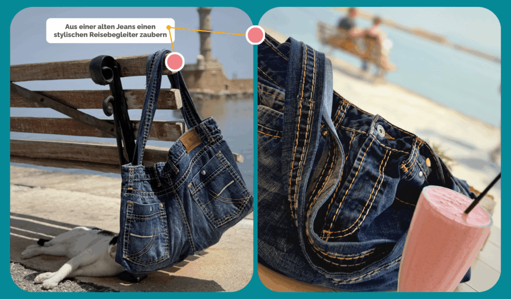 Upcycling-Tasche aus einer alten Jeans auf einer Bank am Wasser. Die Tasche wurde aus einer Jeanshose genäht und zeigt sichtbare Taschen, Nähte und Jeansdetails als dekorative Elemente.