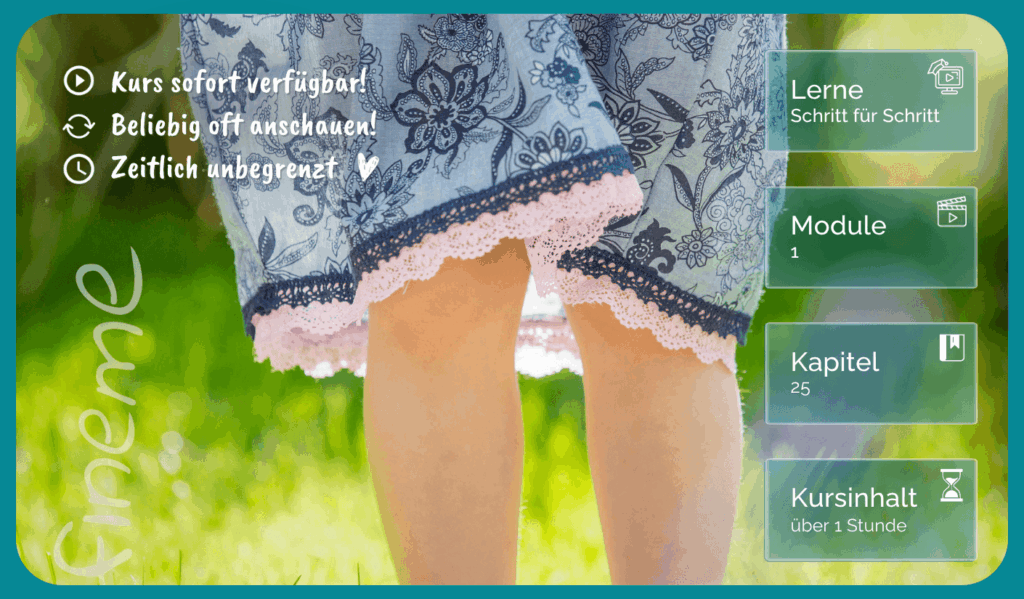 Detailaufnahme eines Kinderrocks mit floralem Stoffmuster und dekorativer Spitzenborte am Saum als Beispiel für kreative Nähtechniken