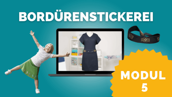 Grafik zum Kursmodul 5 von „Bordürenstickerei“ mit einem bestickten dunkelblauen Kleid, dekorativem Bordürenband und einem Mädchen in besticktem Rock.