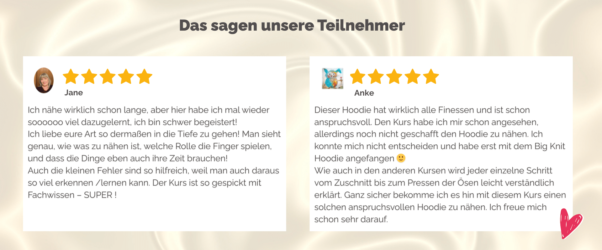 Grafik mit zwei Teilnehmerbewertungen von Jane und Anke. Beide Bewertungen sind mit fünf Sternen ausgezeichnet und auf einem hellen Hintergrund mit Stoffstruktur dargestellt.