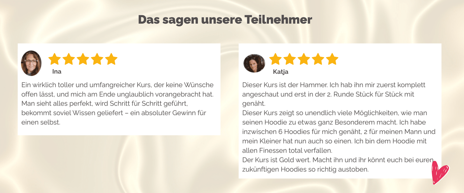 Grafik mit zwei Kundenbewertungen von Kursteilnehmerinnen namens Ina und Katja. Beide Bewertungen sind mit fünf Sternen ausgezeichnet und auf einem hellen Hintergrund dargestellt.