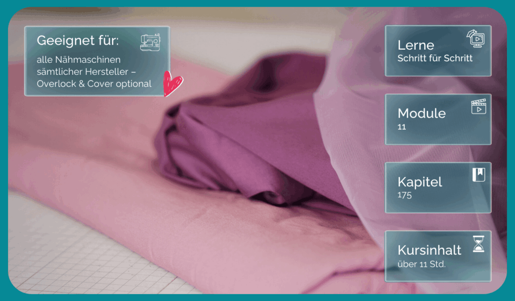 Stoffe in Rosa- und Lilatönen mit Kursinformationen zu Modulen, Kapiteln und Kursumfang eines Online-Nähkurses