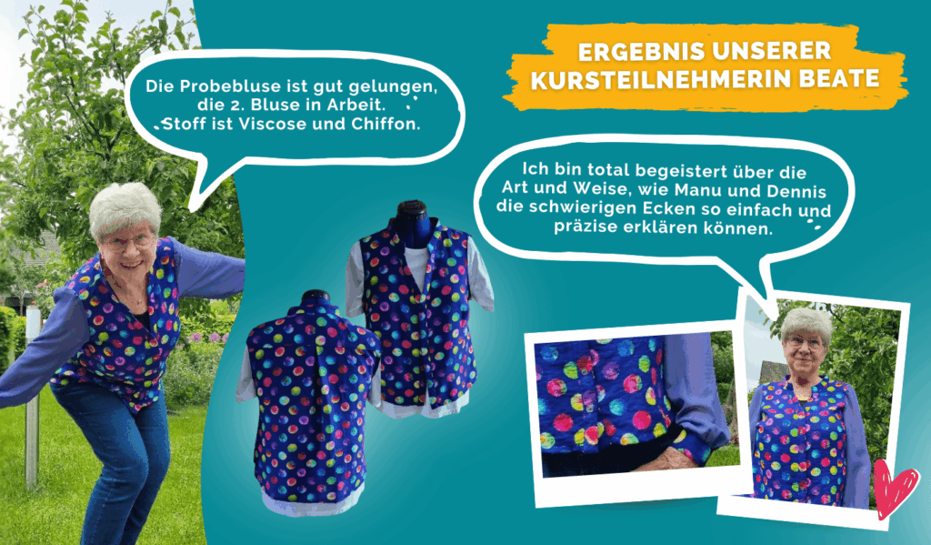 Kursteilnehmerin Beate präsentiert ihre selbstgenähte Bluse aus Viskose und Tüll sowie Detailaufnahmen des fertigen Kleidungsstücks