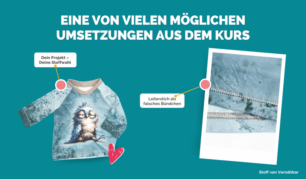 Grafik mit selbstgenähtem Raglanshirt und Detailaufnahme eines Leiterstichs als dekoratives Bündchen auf blau gemustertem Stoff