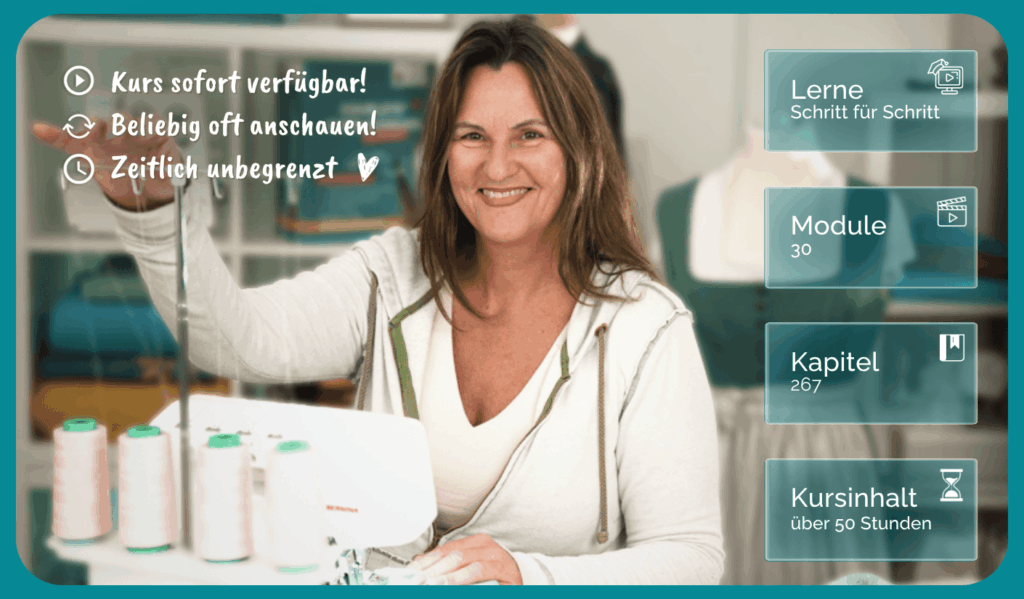 Kursleiterin Manu an einer Overlock Maschine mit Übersicht zu Modulen, Kapiteln und Kursumfang eines Online-Nähkurses